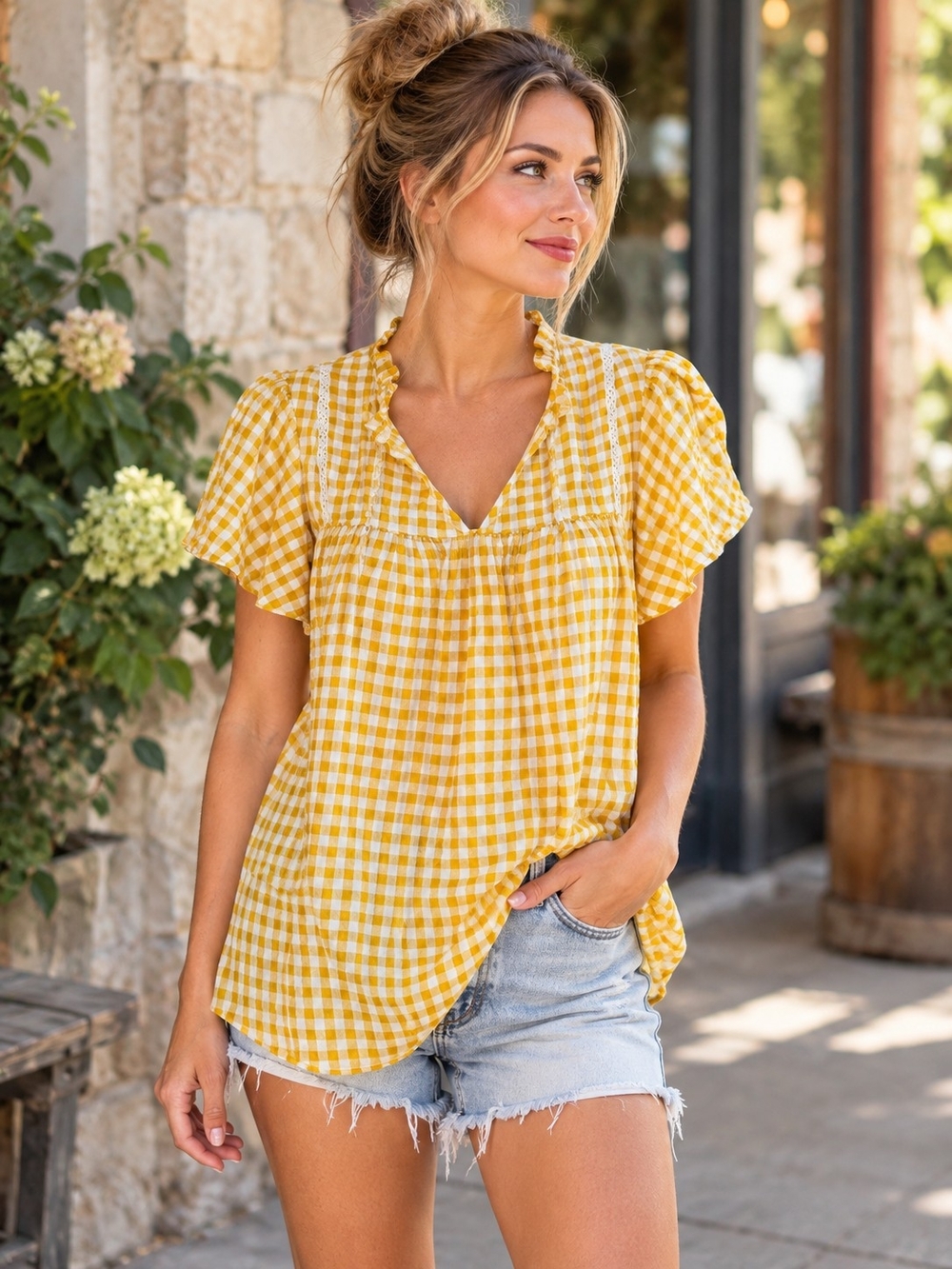 KIRUNDO Yellow White Gingham Cotton Babydoll Blouse Ruffle Puff Sleeve XL